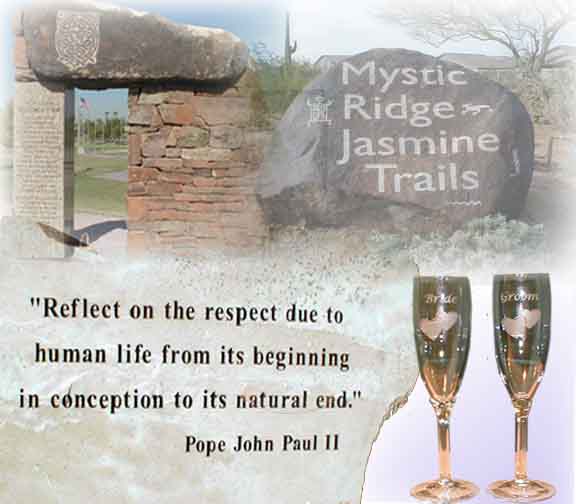 Picture, etched glasses, stone, and monuments